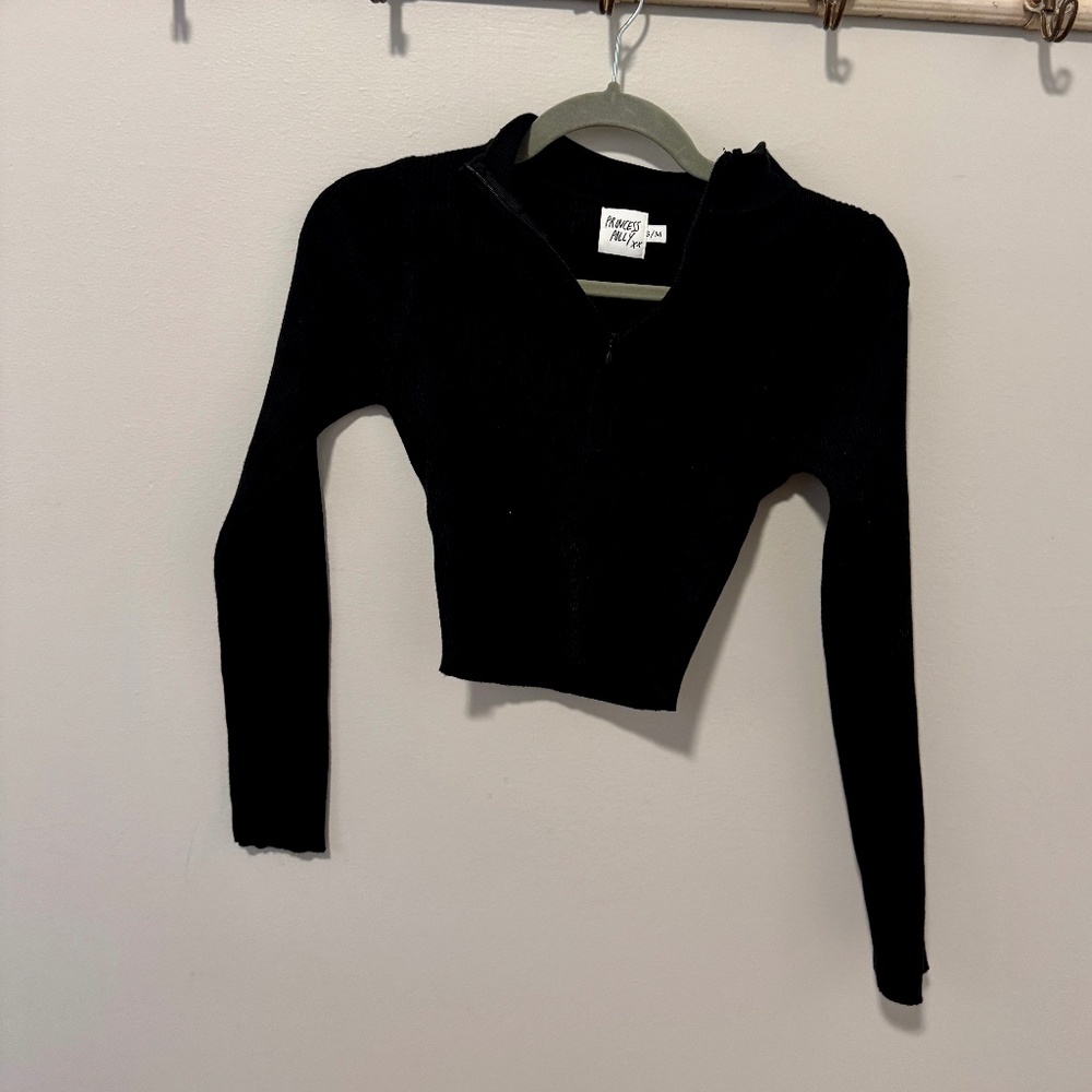 Princess Polly xx Black Ribbed Quarter-Zip Cropped Sweater, Women's size S/M